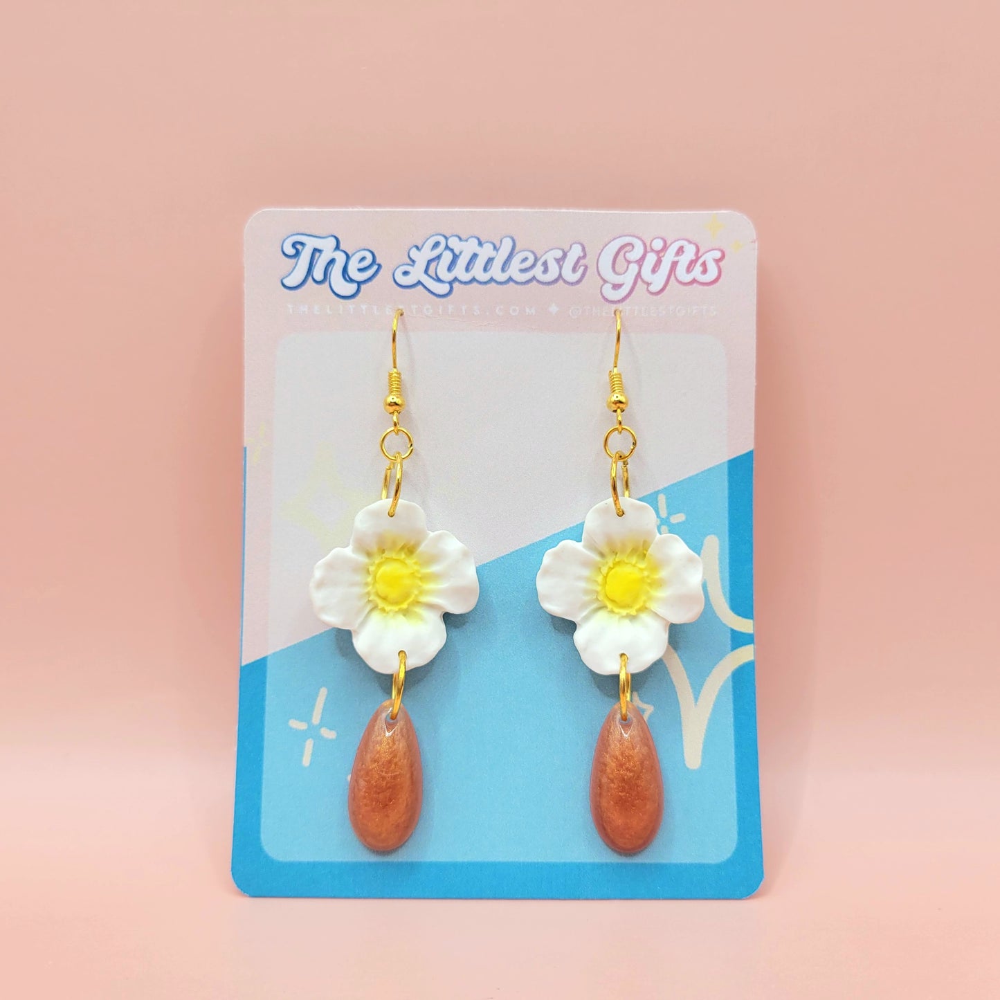 White Flower with Rose Gold Teardrop - Handmade Clay Earrings