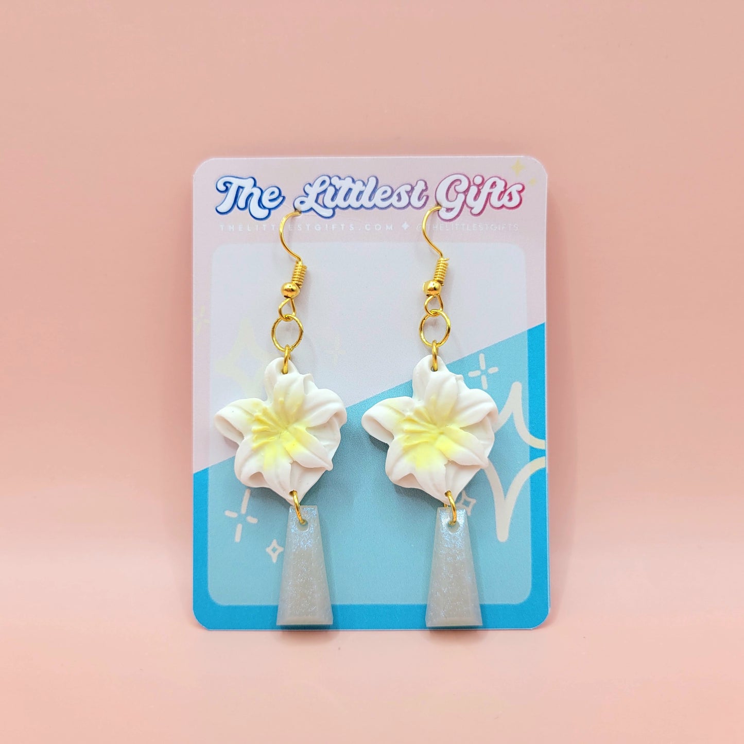 White Flower with White Gem - Handmade Clay Earrings