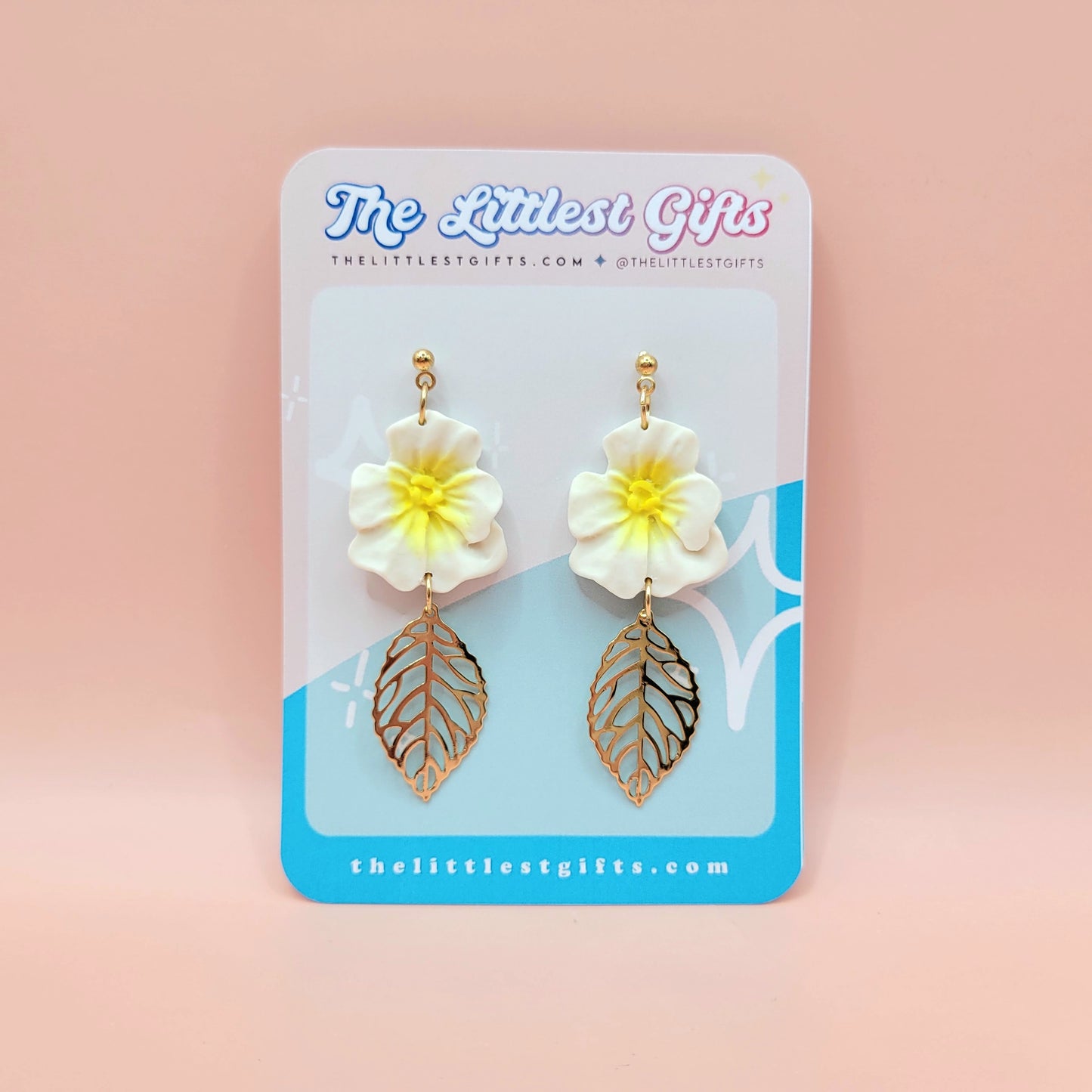 White Flower with Gold Leaf - Handmade Clay Earrings