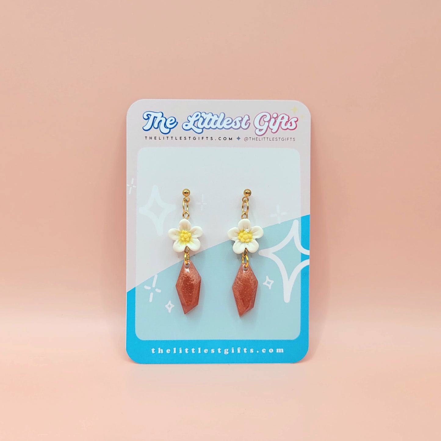 White Flower with Rose Gold Teardrop - Handmade Clay Earrings