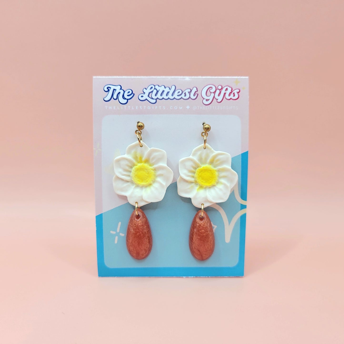 White Flower with Rose Gold Teardrop - Handmade Clay Earrings