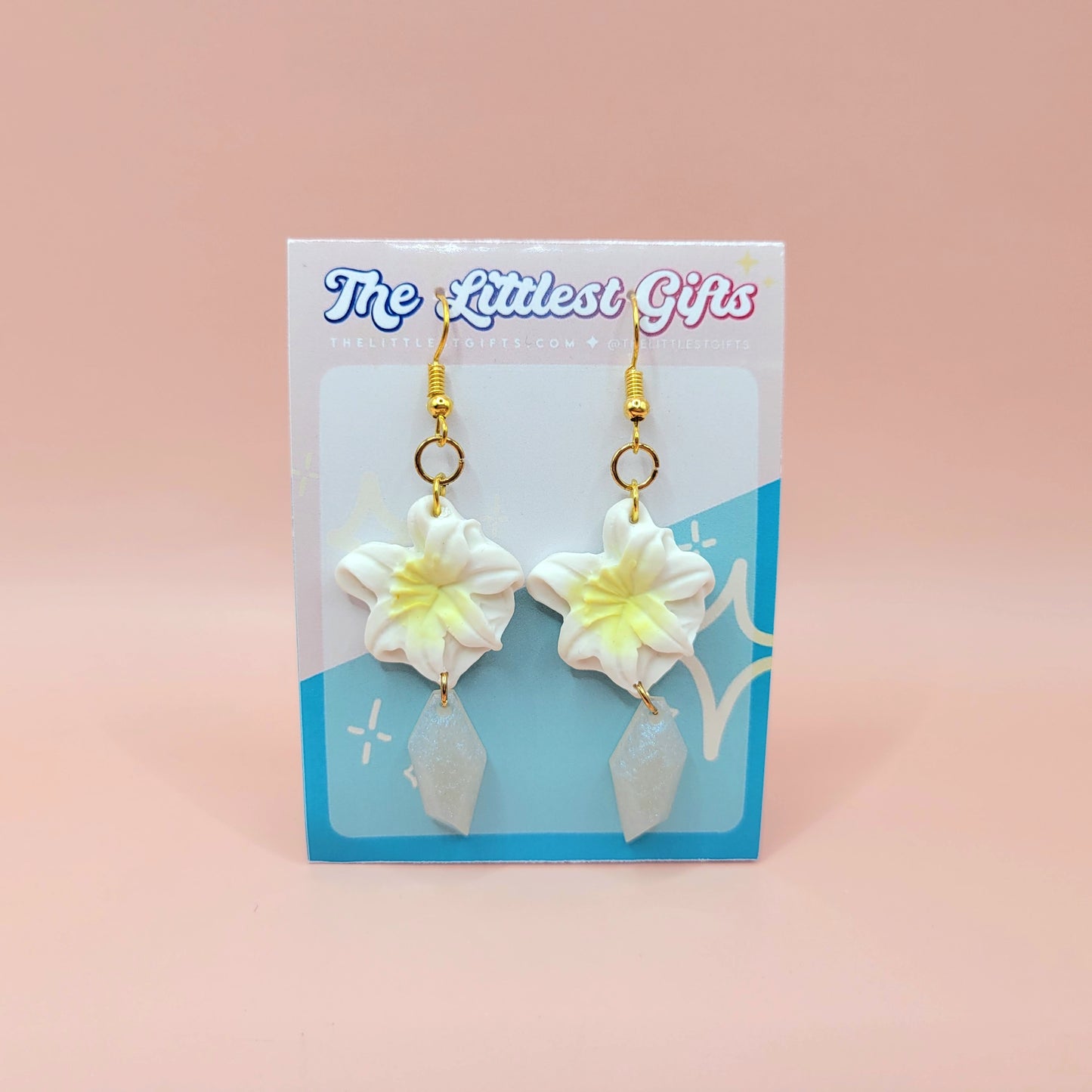 White Flower with White Gem - Handmade Clay Earrings
