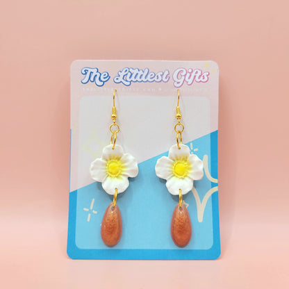 White Flower with Rose Gold Teardrop - Handmade Clay Earrings