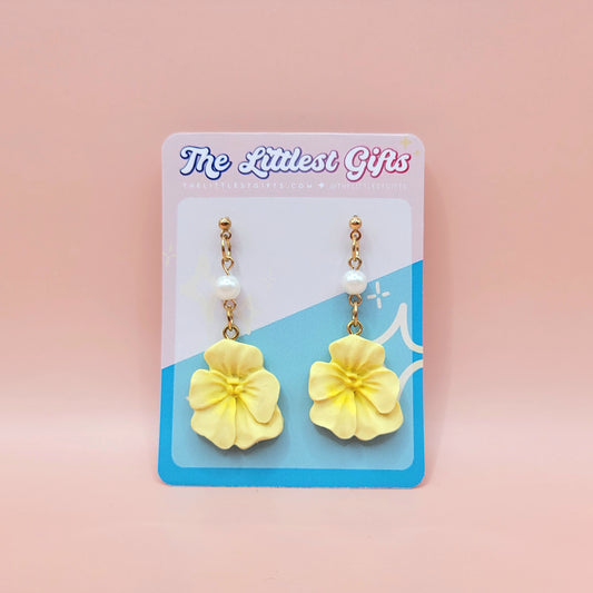 Yellow Flower with Pearl - Handmade Clay Earrings