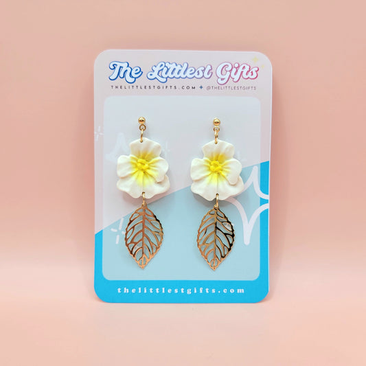 White Flower with Gold Leaf - Handmade Clay Earrings