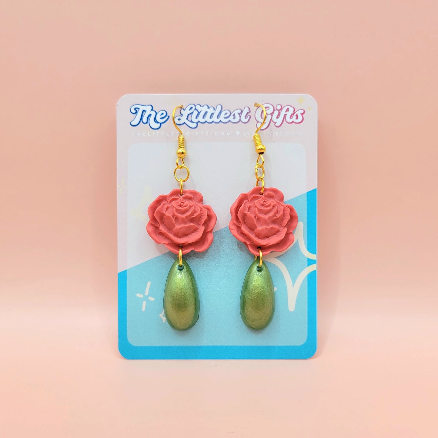 Rose with Green Teardrop - Handmade Clay Earrings