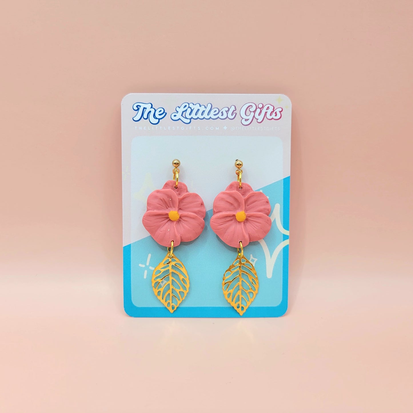 Pink Flower with Gold Leaf - Handmade Clay Earrings